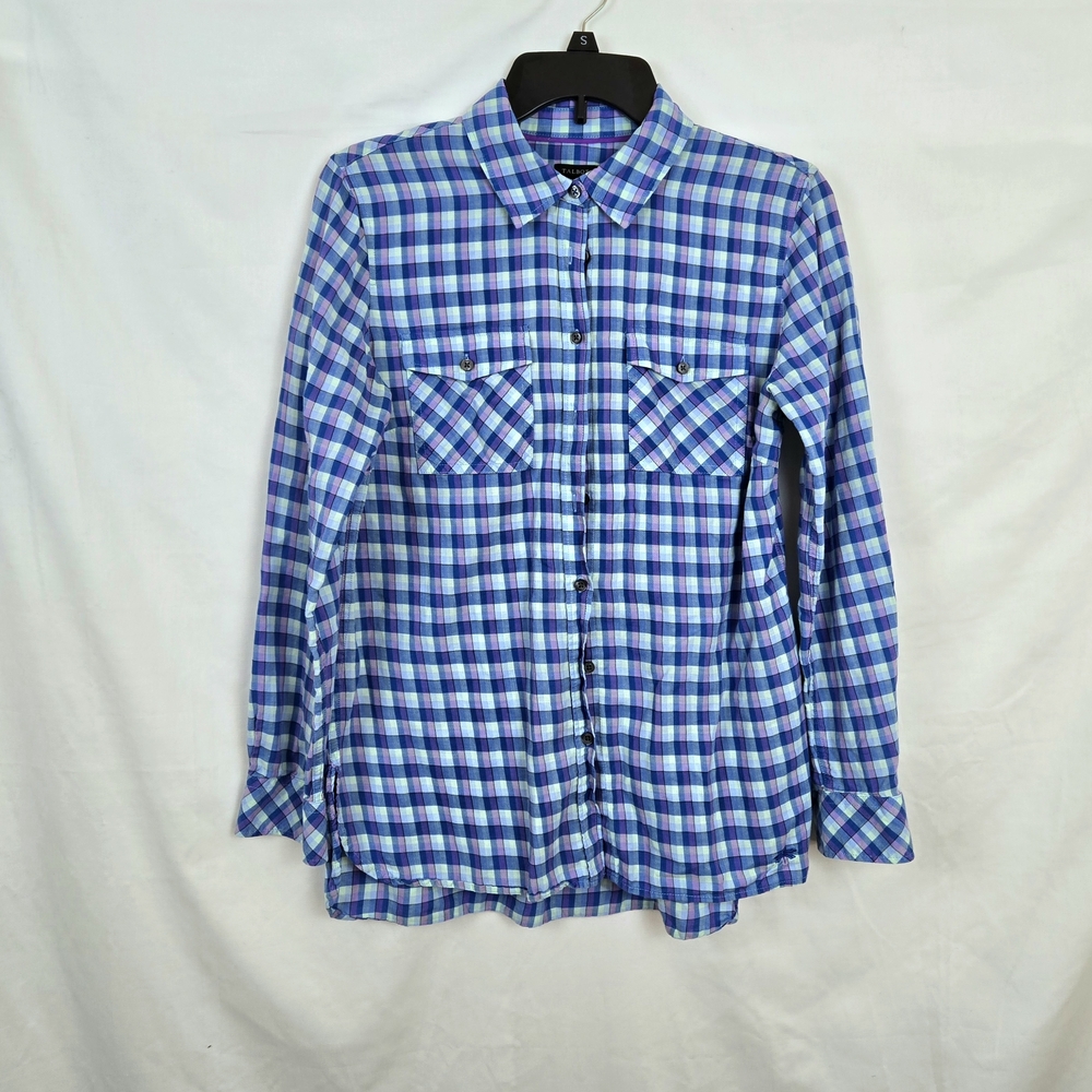 Talbots Blue Turquoise Purple Plaid Check Button Long Sleeve Preppy Shirt Small